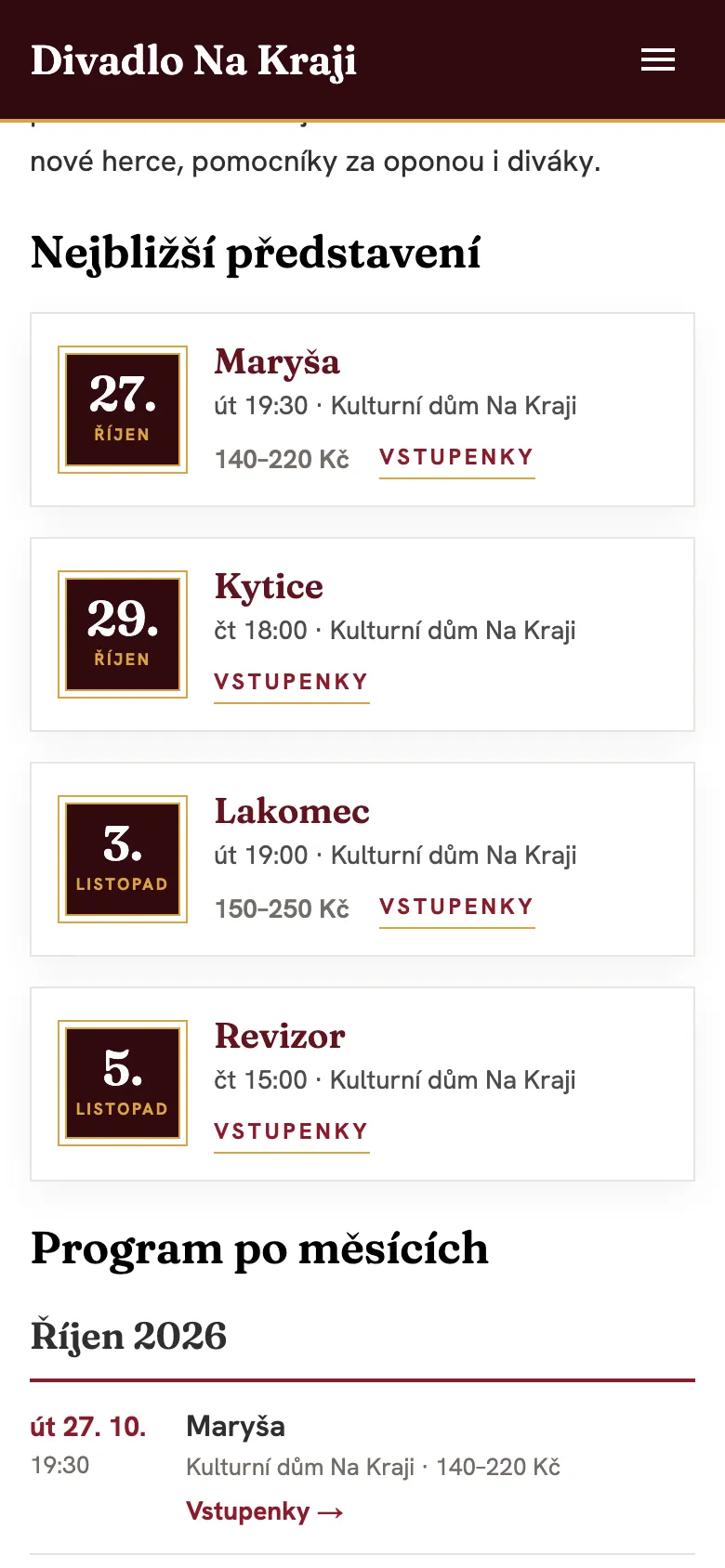 Karty nejbližších představení na mobilu