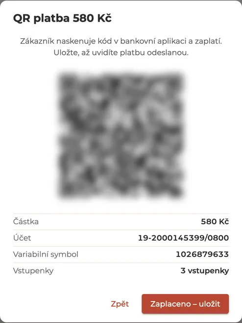 Pokladna s QR kódem pro platbu z bankovní aplikace