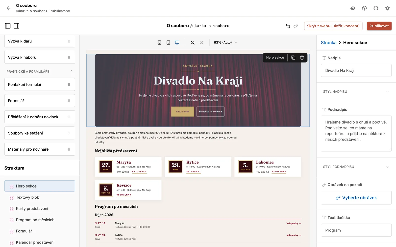 Editor stránek: vlevo seznam bloků, uprostřed stránka s úvodní sekcí, kartami představení a programem, vpravo nastavení vybraného bloku
