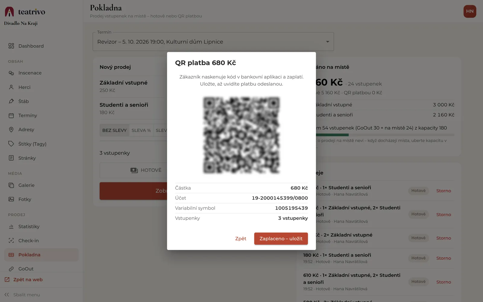 Pokladna s QR kódem pro platbu z bankovní aplikace