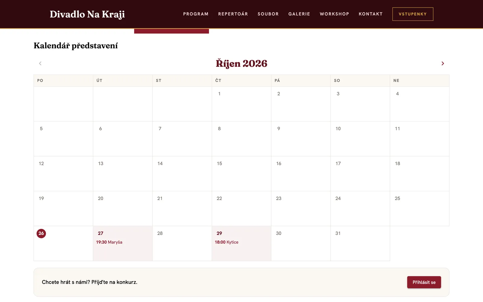 Kalendář představení na stránce webu, den s představením je zvýrazněný