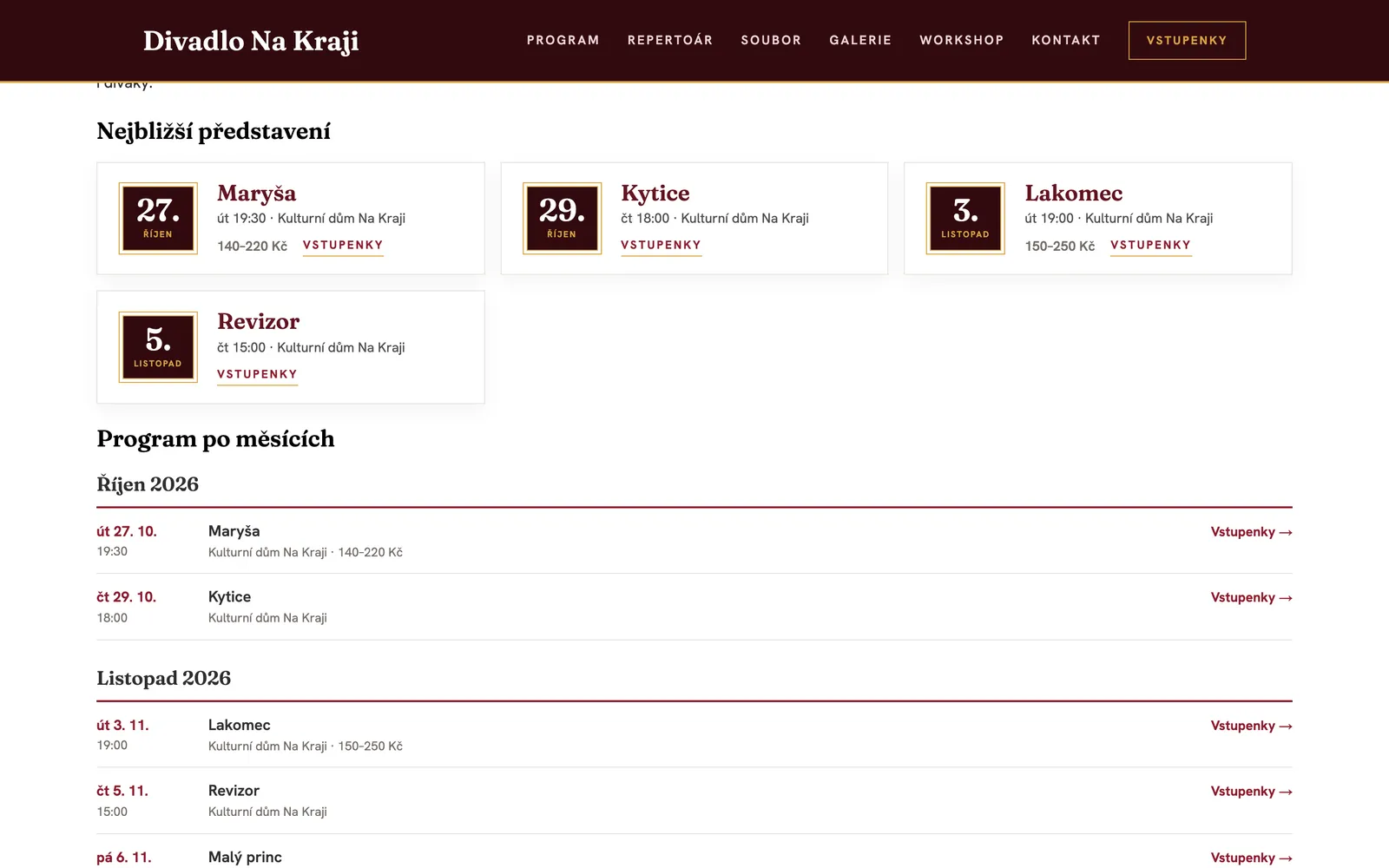 Hotová stránka webu s kartami nejbližších představení a programem po měsících