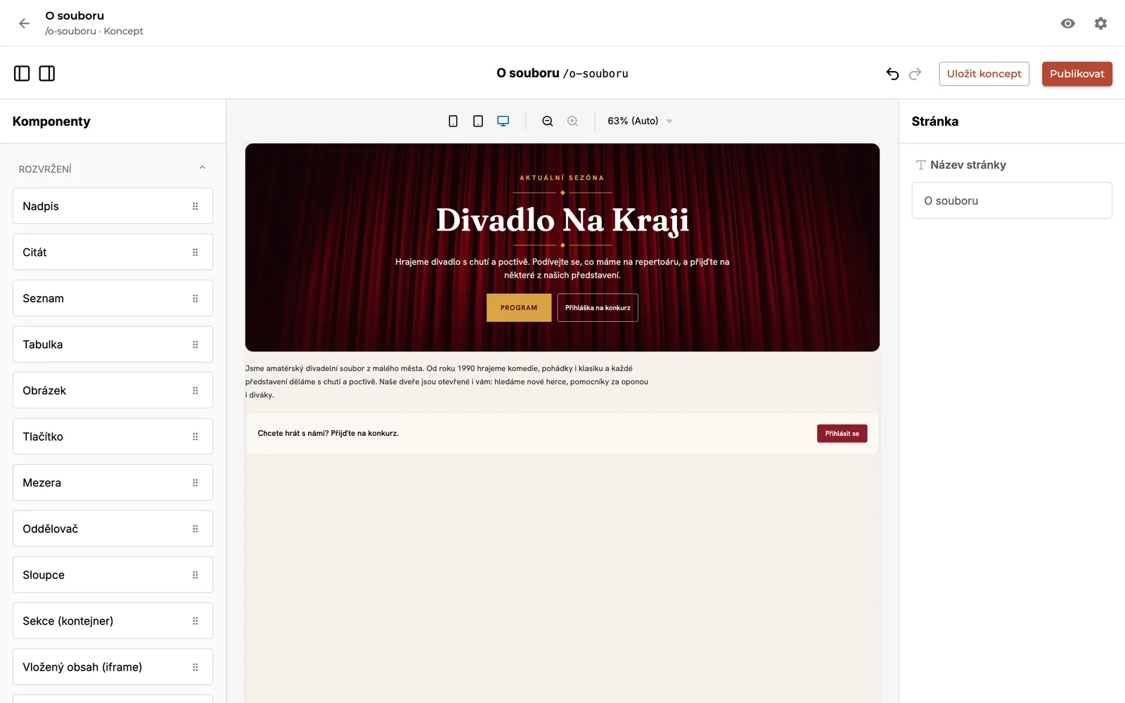 Editor vlastní stránky: vlevo bloky, uprostřed náhled stránky, vpravo nastavení vybraného bloku
