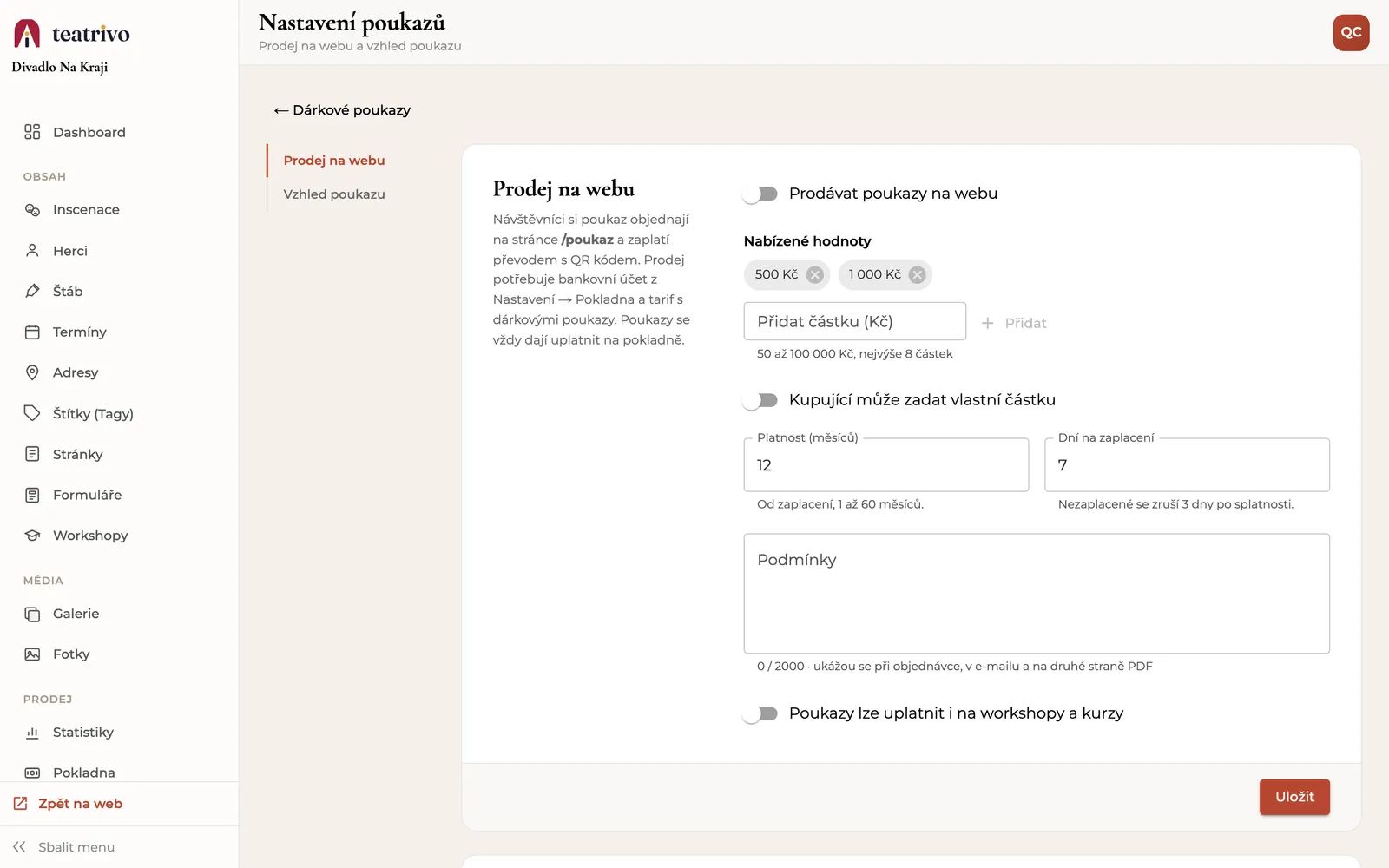 Nastavení poukazů: prodej na webu, nabízené hodnoty, vlastní částka a platnost