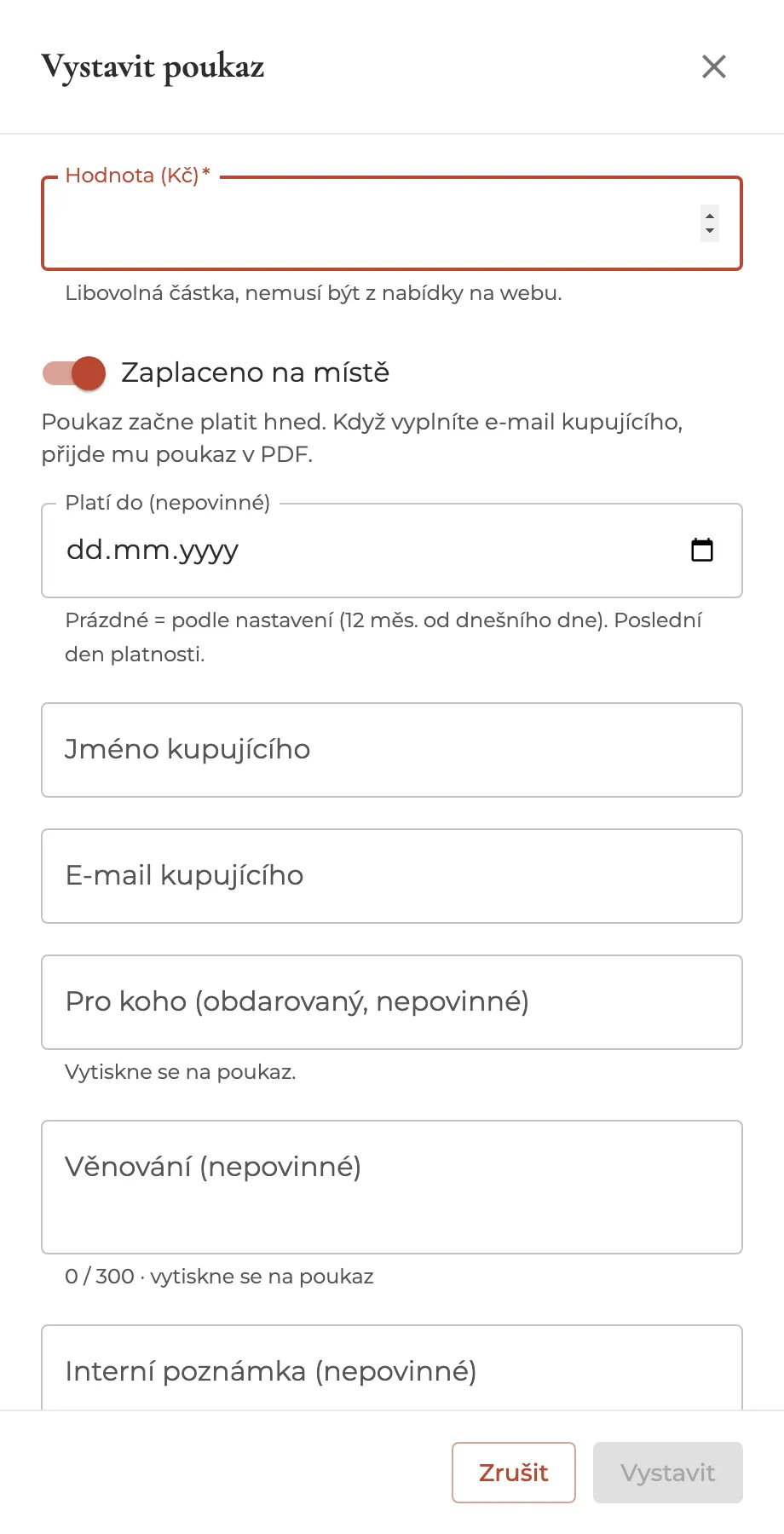 Panel Vystavit poukaz s hodnotou, přepínačem Zaplaceno na místě a údaji kupujícího