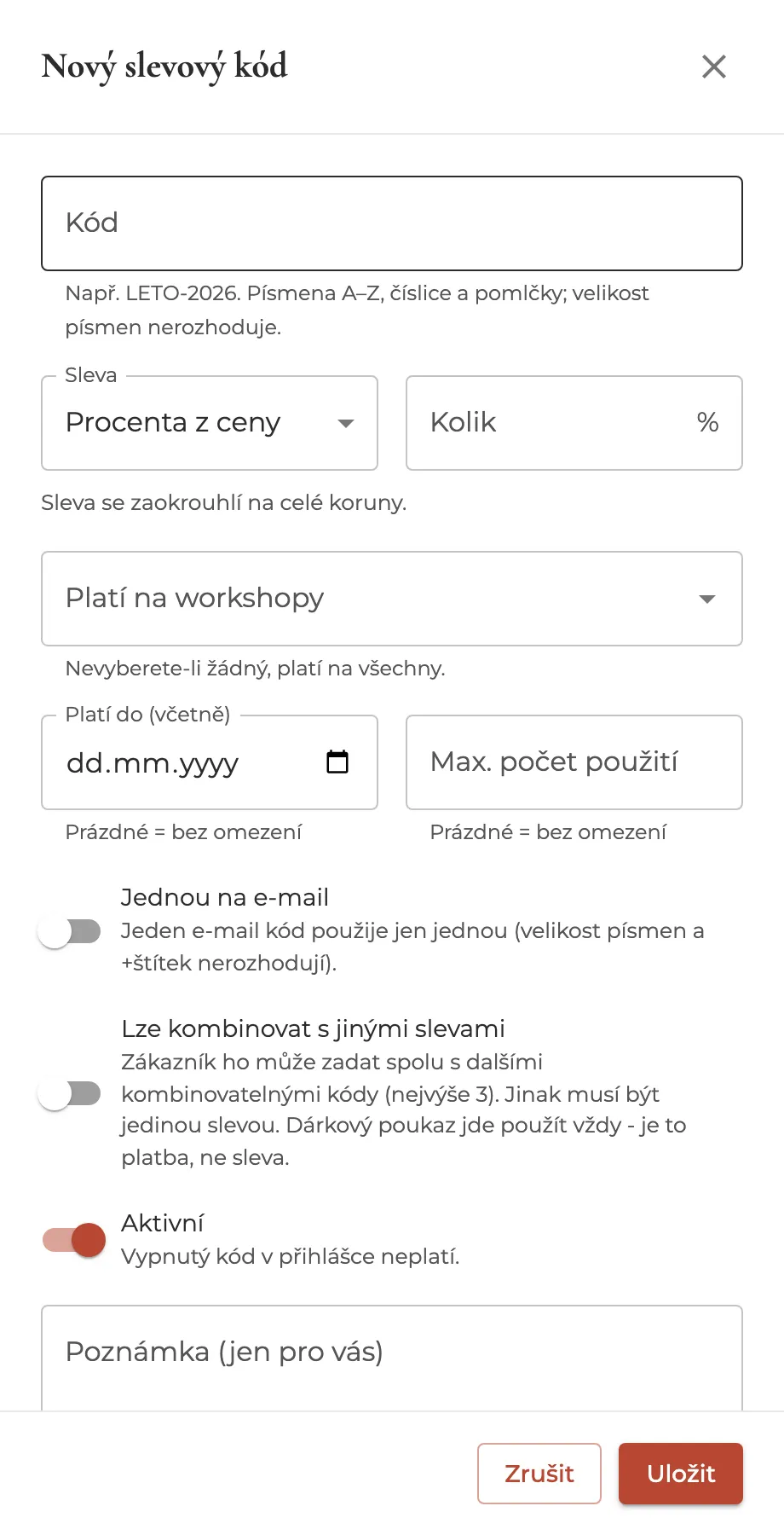 Panel nového slevového kódu s poli pro kód, výši slevy, workshopy, platnost a počet použití