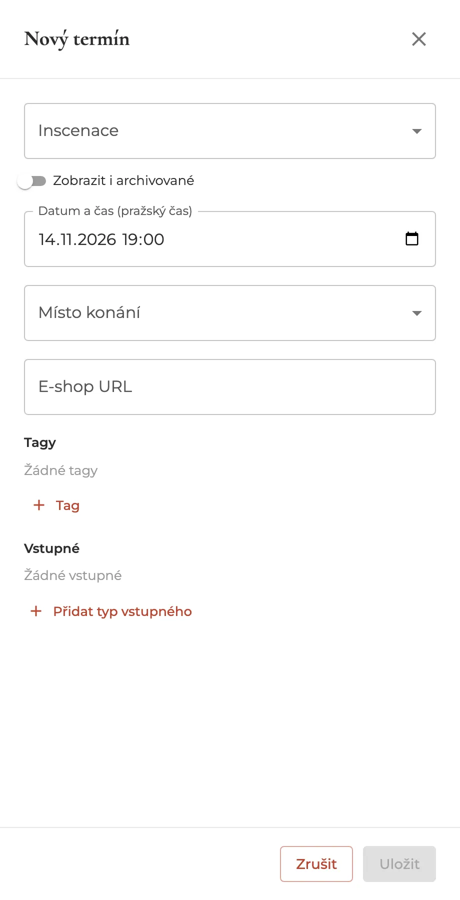 Panel Nový termín s poli Inscenace, Datum a čas, Místo konání, E-shop URL, Tagy a Vstupné