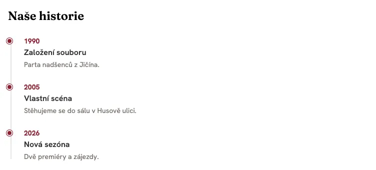 Blok Časová osa / historie na webu: nadpis Naše historie a tři milníky pod sebou s rokem, názvem a krátkým popisem