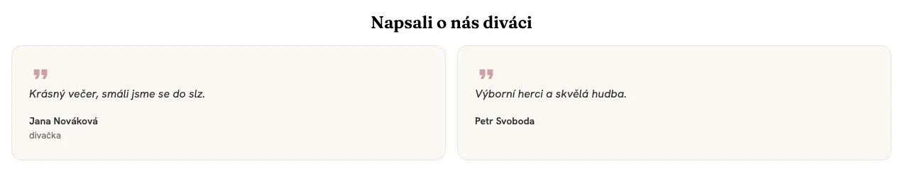 Blok Reference diváků na webu: nadpis Napsali o nás diváci a dvě karty s citací a jménem diváka