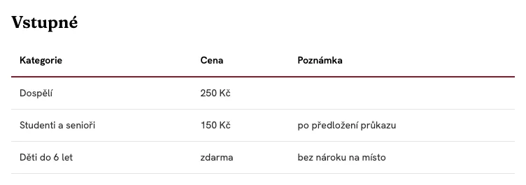 Blok Tabulka na webu: nadpis Vstupné a tabulka se sloupci Kategorie, Cena a Poznámka pro dospělé, studenty a seniory a děti