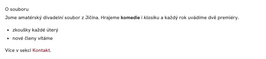Textový blok na webu: odstavec o souboru s tučným a kurzívním slovem, seznam s odrážkami a věta s odkazem Kontakt