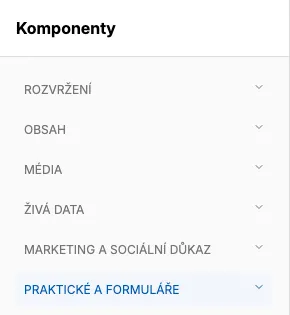 Levý panel editoru Komponenty se sbalenými kategoriemi bloků: Rozvržení, Obsah, Média, Živá data, Marketing a sociální důkaz, Praktické a formuláře