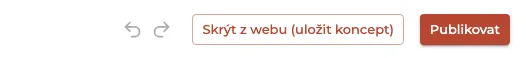 Horní lišta editoru stránek: šipky Zpět a Znovu, tlačítko Skrýt z webu (uložit koncept) a tlačítko Publikovat