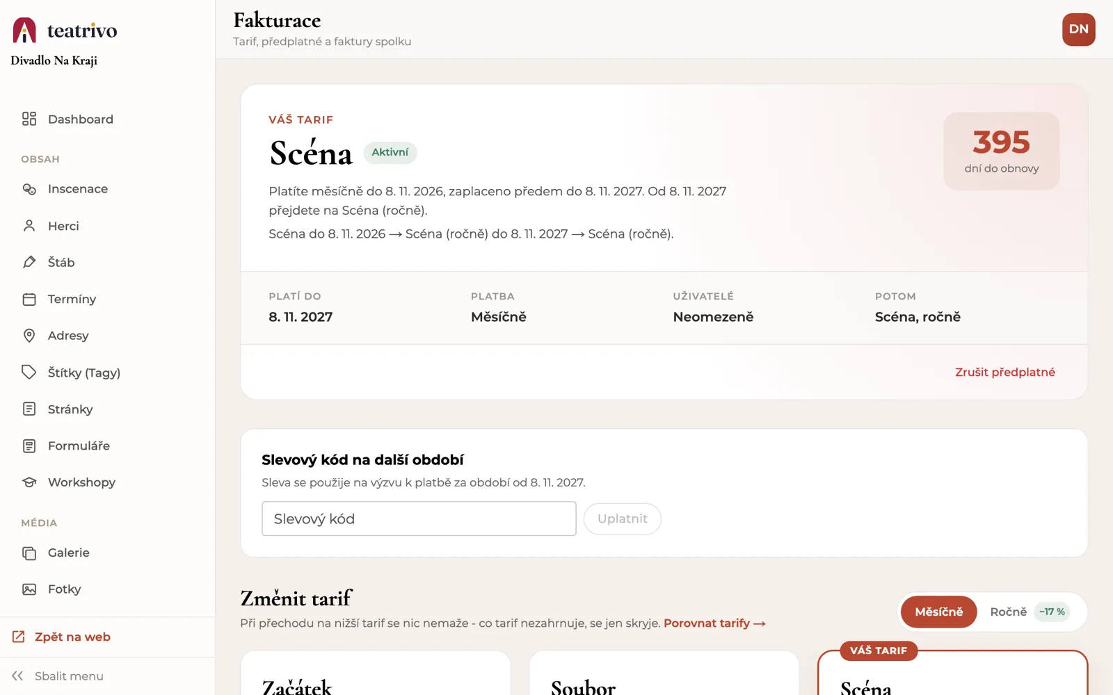 Stránka Fakturace: aktuální tarif Scéna, platnost, způsob platby a pole pro slevový kód na další období