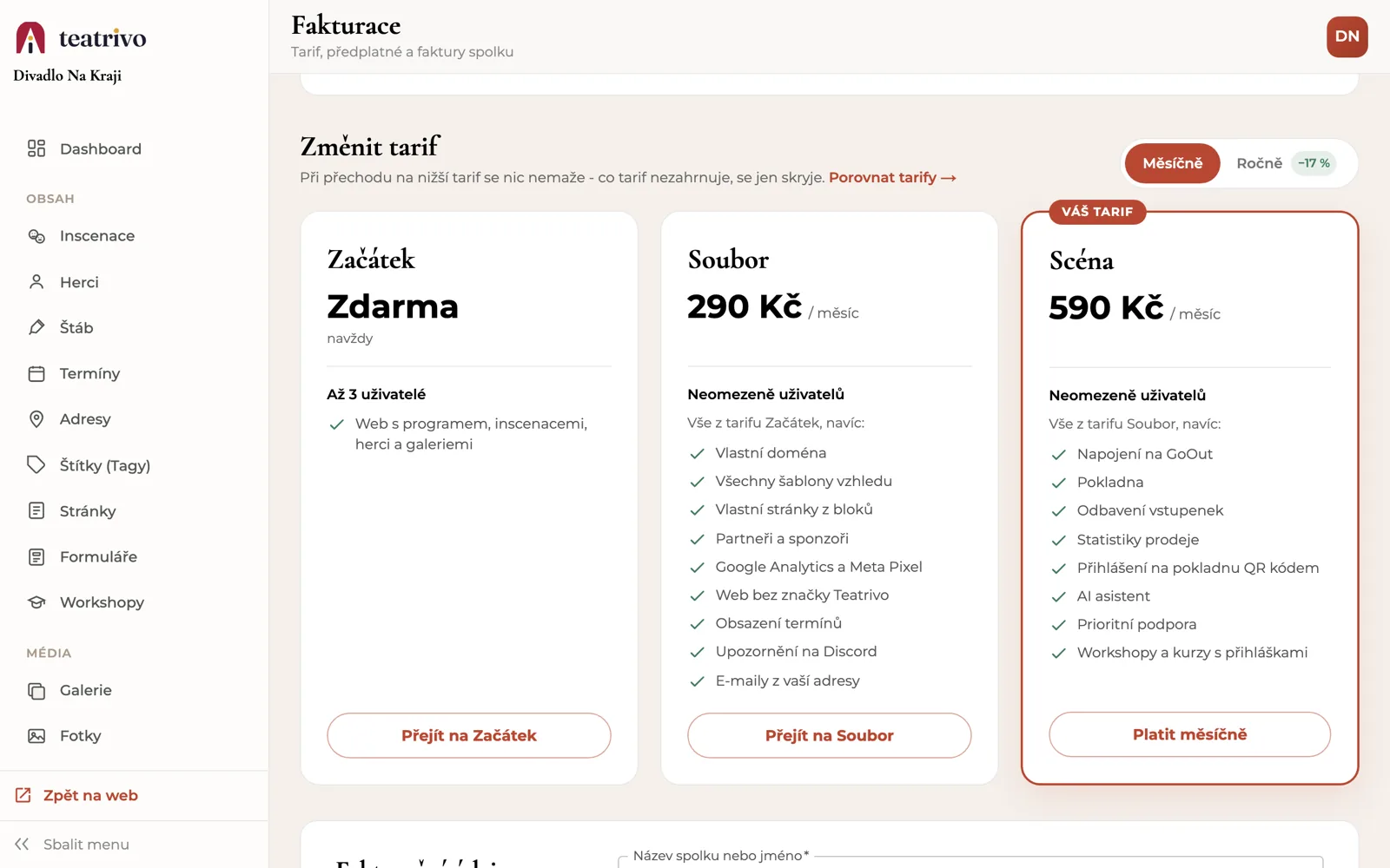 Změna tarifu: karty tarifů Začátek, Soubor a Scéna s cenami a přepínačem měsíčně nebo ročně