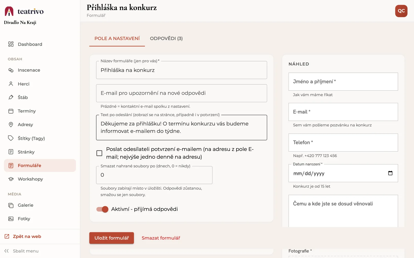 Editor formuláře Přihláška na konkurz: pole vlevo, živý náhled vpravo