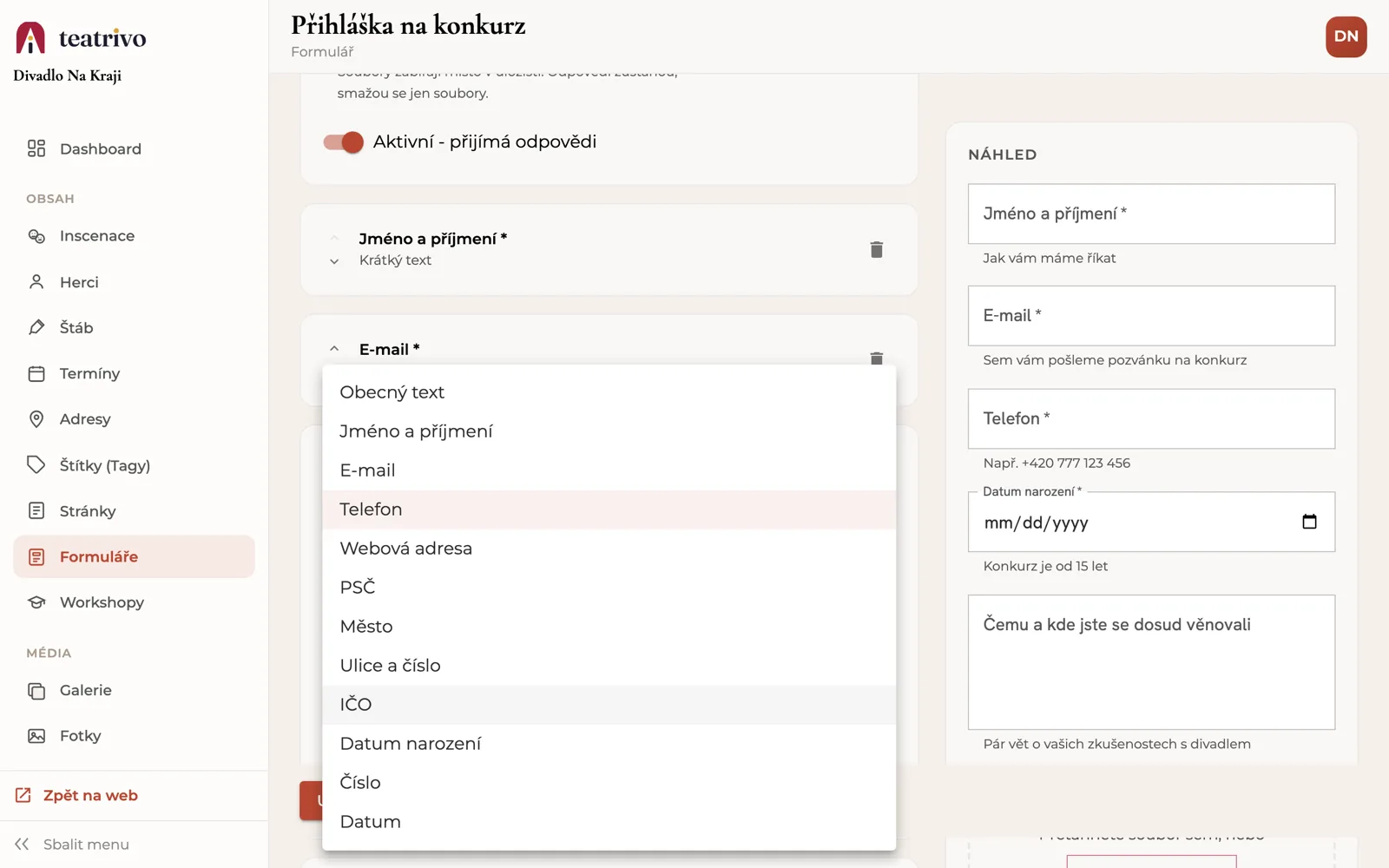 Výběr účelu textového pole: obecný text, jméno, e-mail, telefon, webová adresa, PSČ, město, ulice, IČO, datum narození