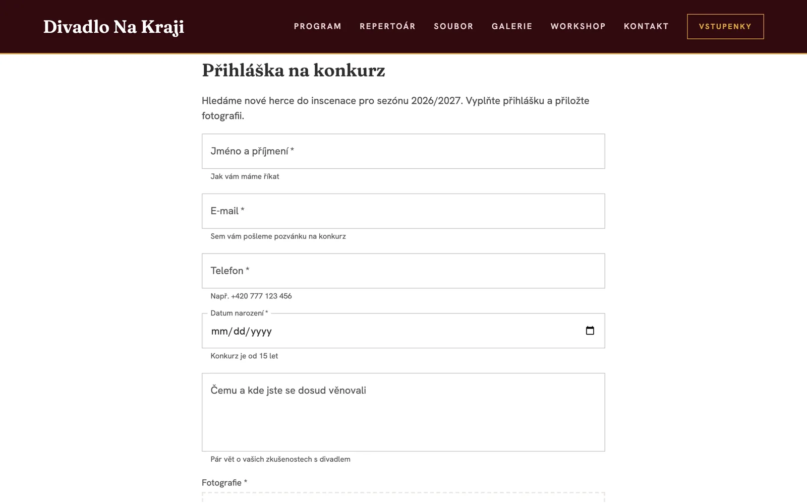 Hotový formulář Přihláška na konkurz na webu divadla