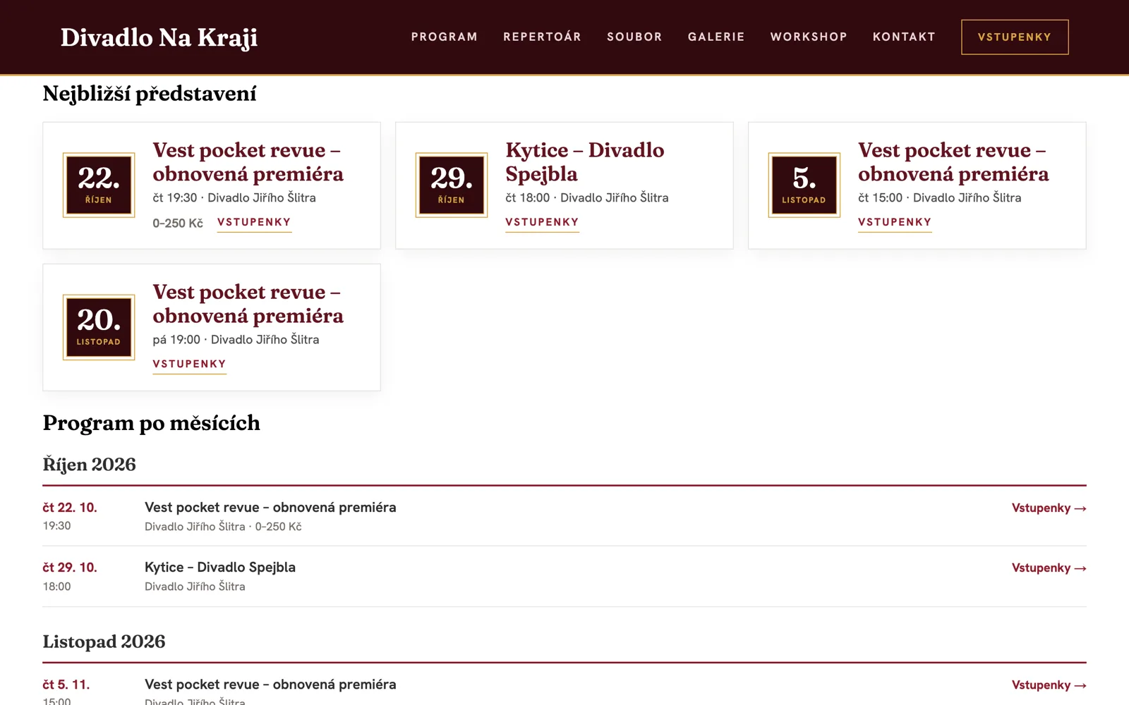 Hotová stránka webu s kartami nejbližších představení a programem po měsících